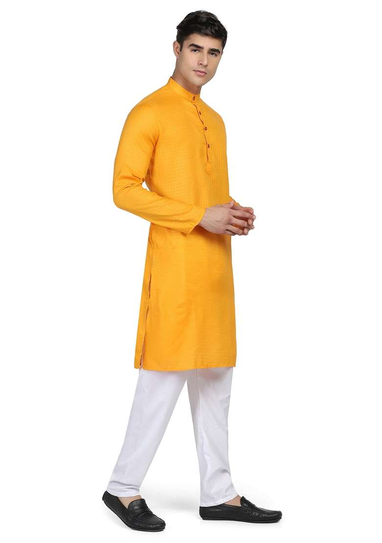 Yellow Solid Cotton Kurta Set For Men - Indya