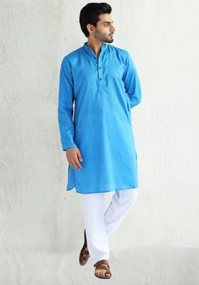Blue Solid Cotton Kurta Set For Men