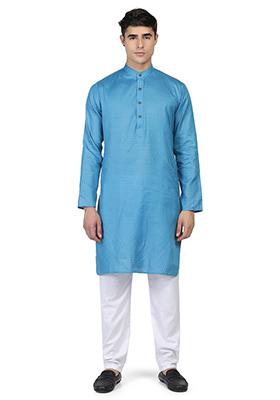 Blue Solid Cotton Kurta Set For Men