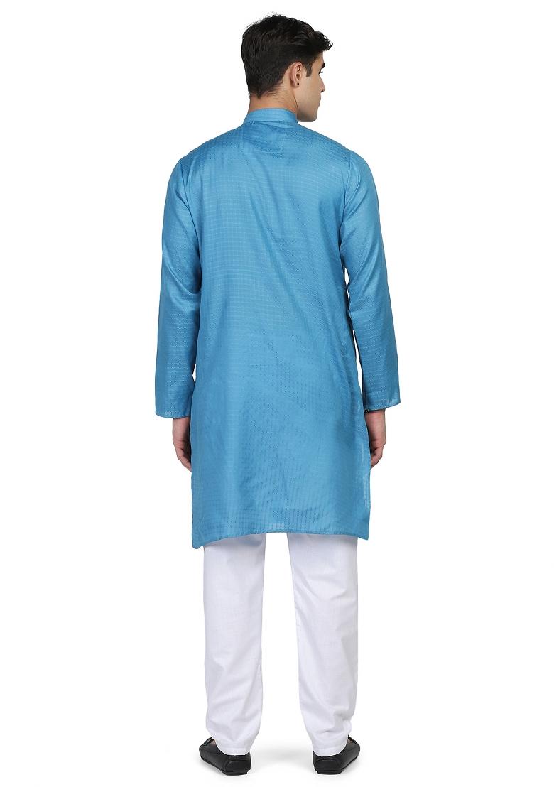 Blue Solid Cotton Kurta Set For Men