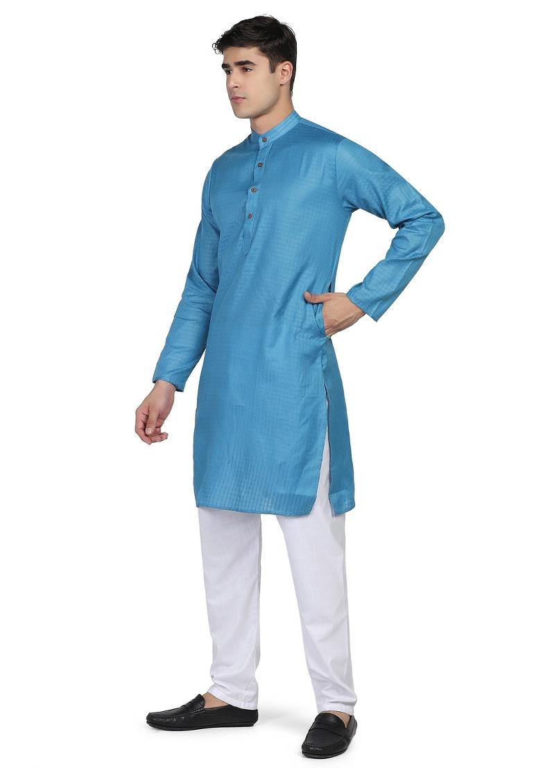 Blue Solid Cotton Kurta Set For Men