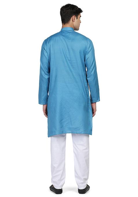 Blue Solid Cotton Kurta Set For Men