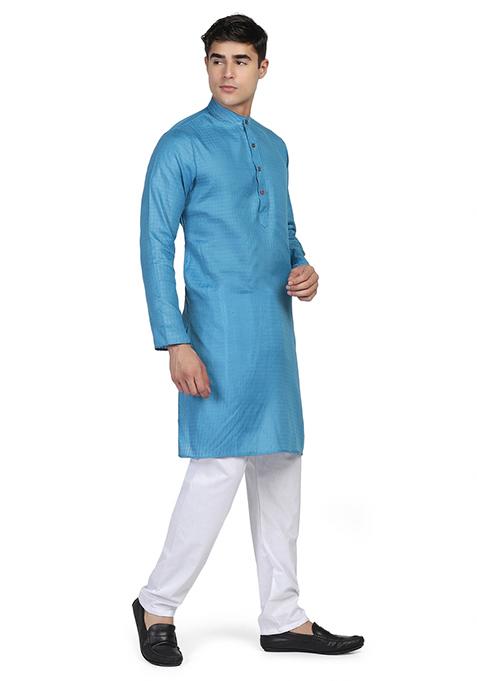 Blue Solid Cotton Kurta Set For Men