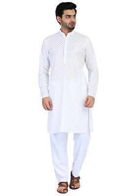 White Solid Cotton Kurta Set For Men
