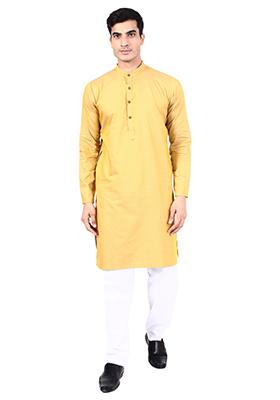 Yellow Solid Cotton Kurta Set For Men
