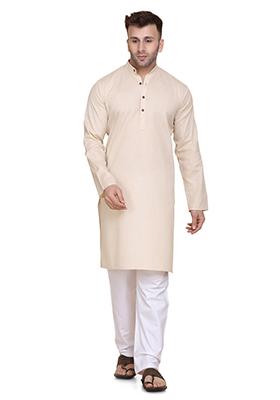 Beige Solid Cotton Kurta Set For Men