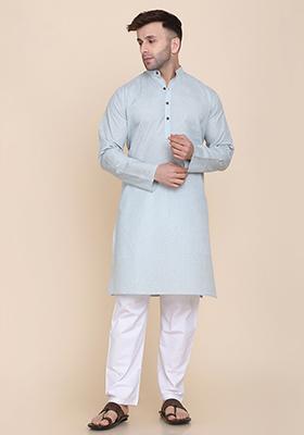 Blue Solid Cotton Kurta Set For Men