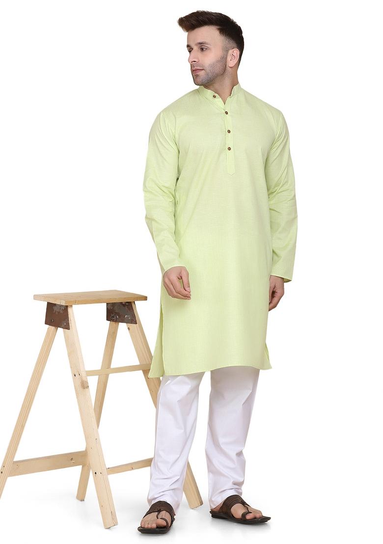Green Solid Cotton Kurta Set For Men - Indya