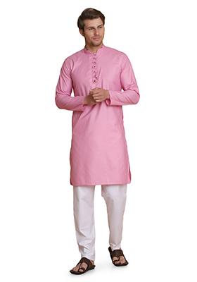 Pink Solid Cotton Kurta Set For Men