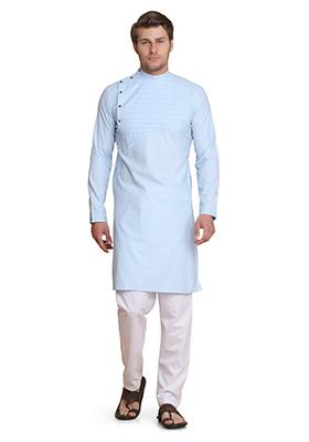 Sky Blue Solid Cotton Kurta Set For Men