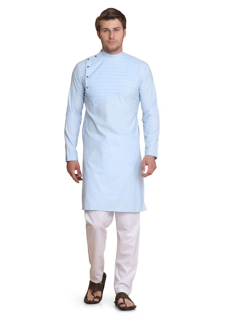 Sky Blue Solid Cotton Kurta Set For Men - Indya