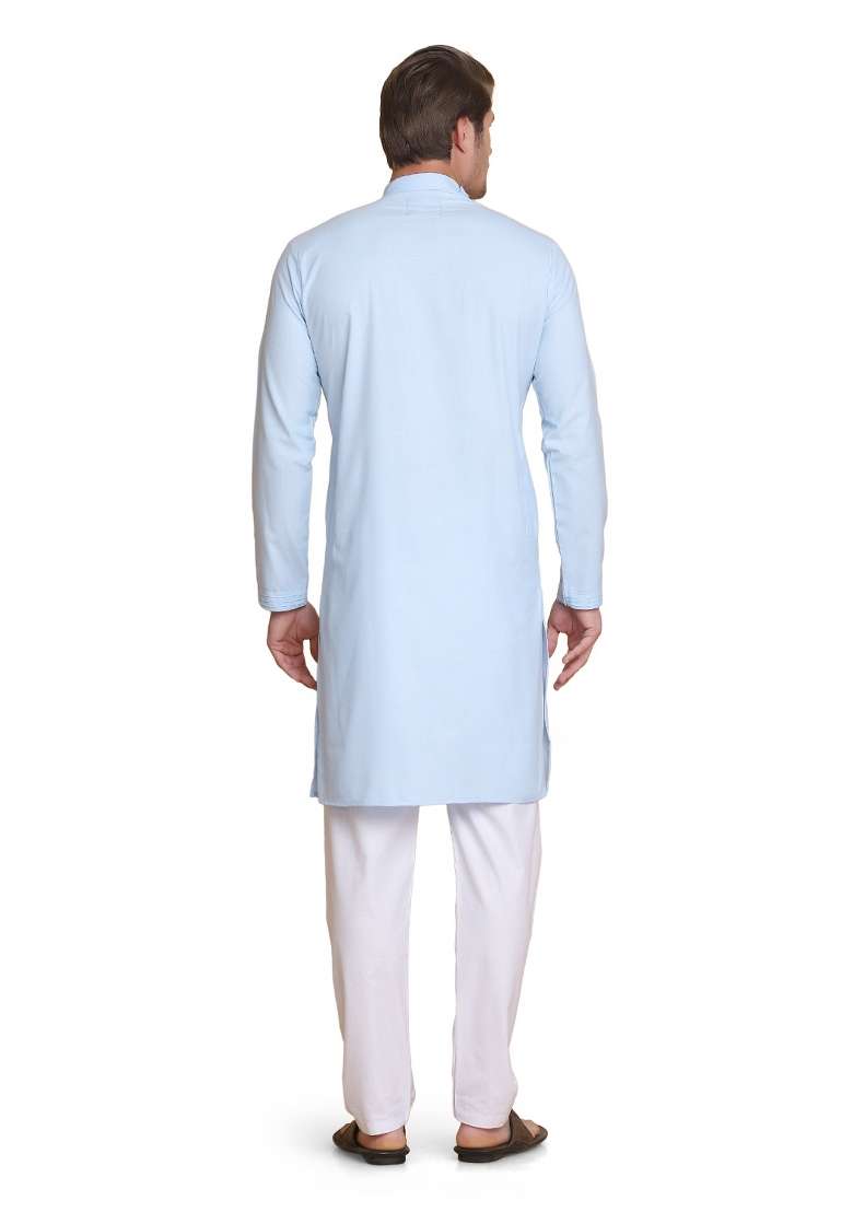 Sky Blue Solid Cotton Kurta Set For Men - Indya