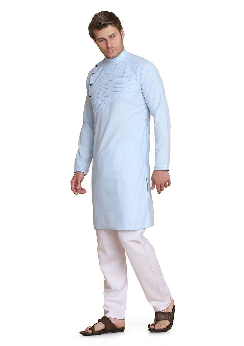 Sky Blue Solid Cotton Kurta Set For Men - Indya