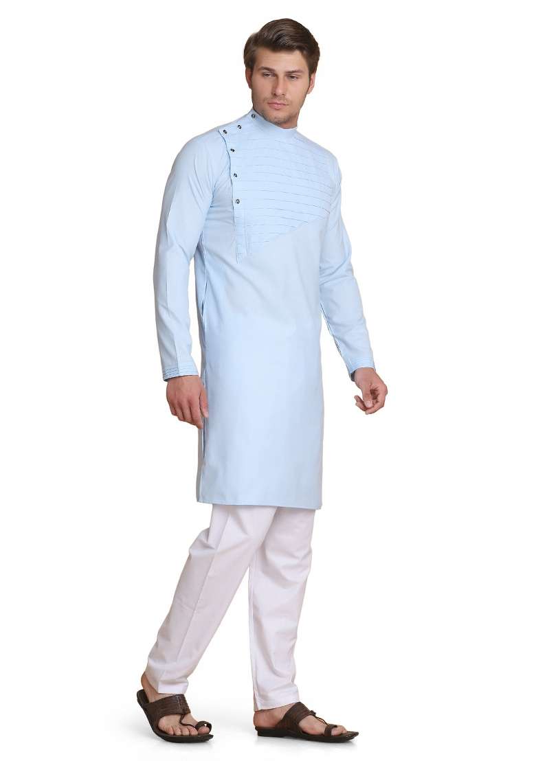 Sky Blue Solid Cotton Kurta Set For Men - Indya