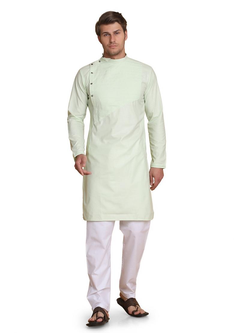 Green Solid Cotton Kurta Set For Men