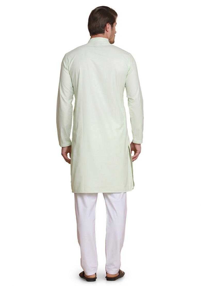 Green Solid Cotton Kurta Set For Men