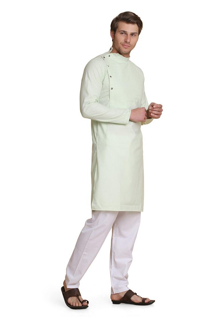 Green Solid Cotton Kurta Set For Men