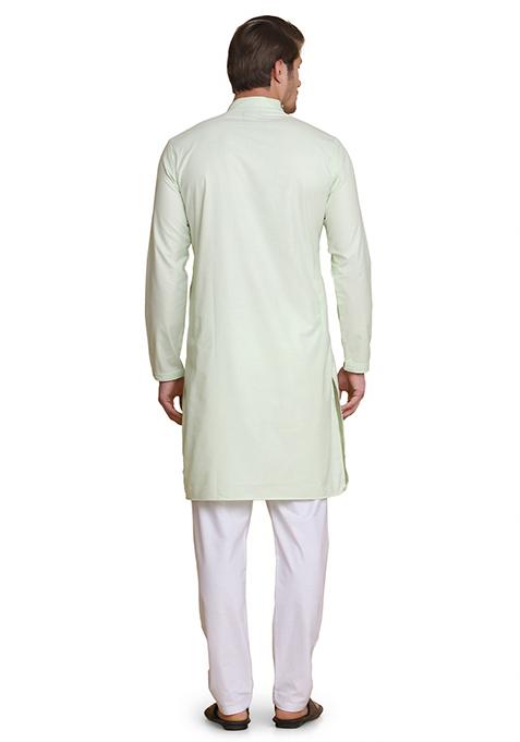 Green Solid Cotton Kurta Set For Men