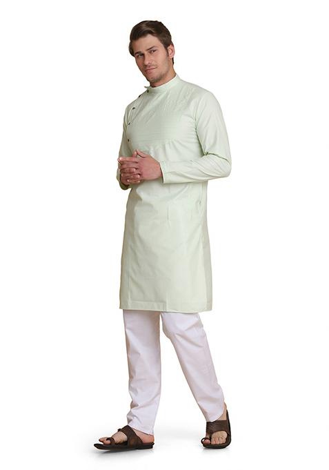 Green Solid Cotton Kurta Set For Men