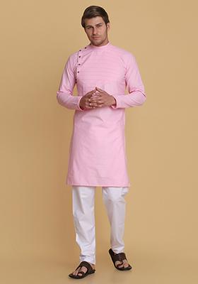 Pink Solid Cotton Kurta Set For Men