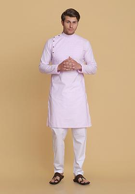 Light Purple Solid Cotton Kurta Set For Men