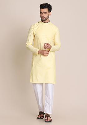 Lemon Yellow Solid Cotton Kurta Set For Men