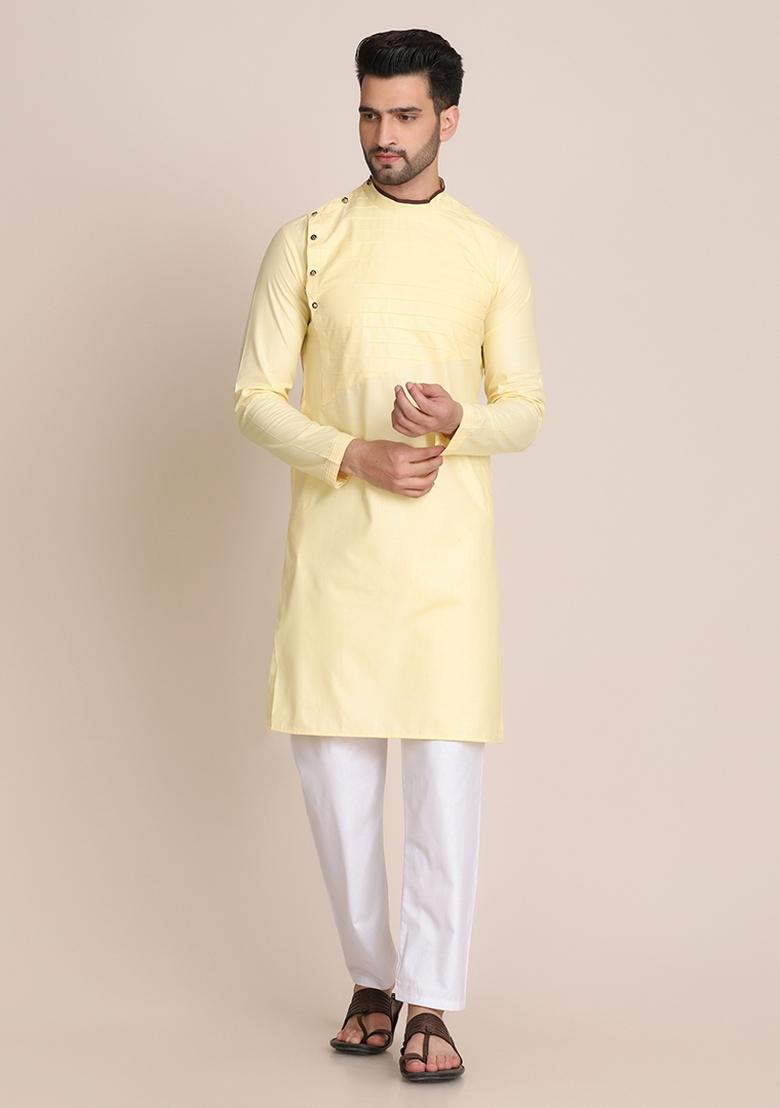 Lemon Yellow Solid Cotton Kurta Set For Men