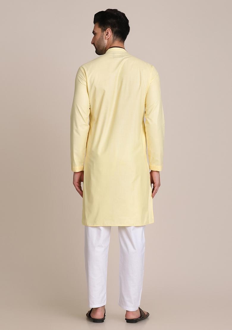 Lemon Yellow Solid Cotton Kurta Set For Men