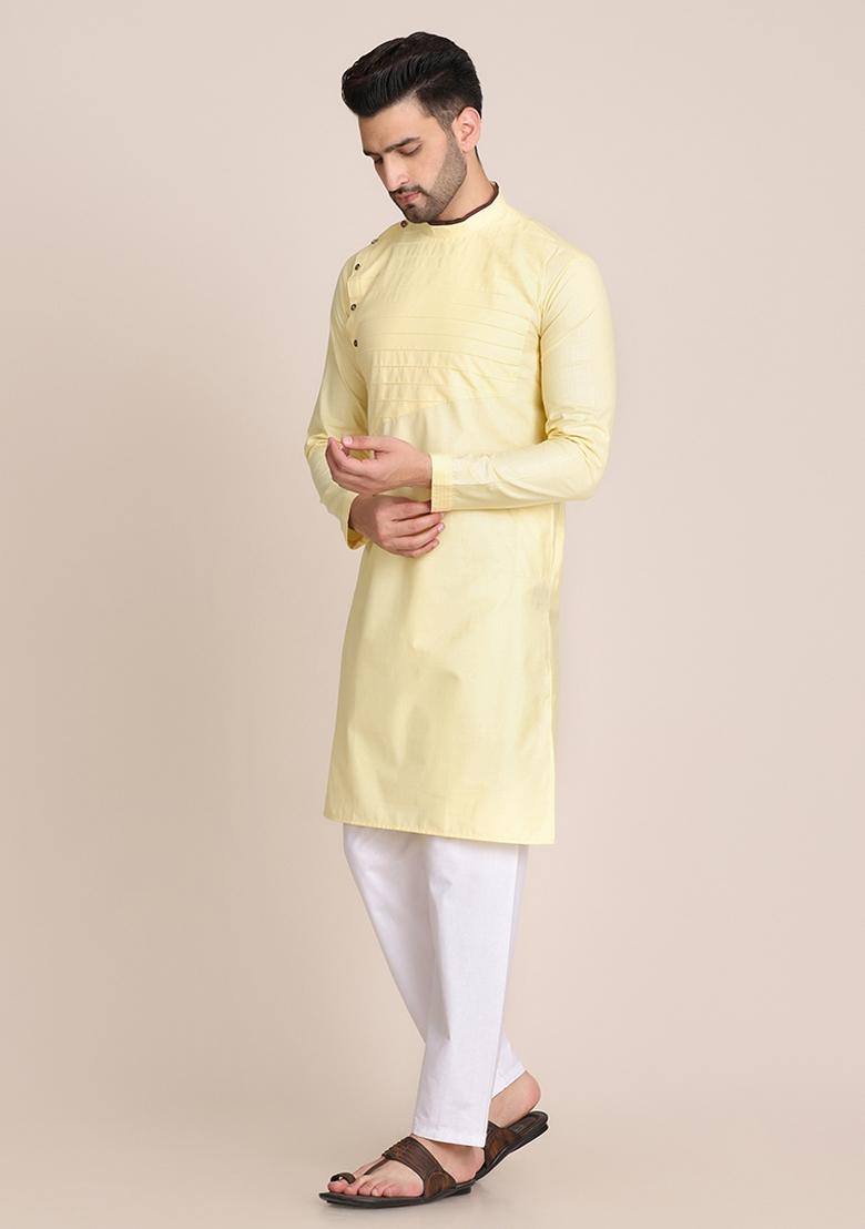 Lemon Yellow Solid Cotton Kurta Set For Men