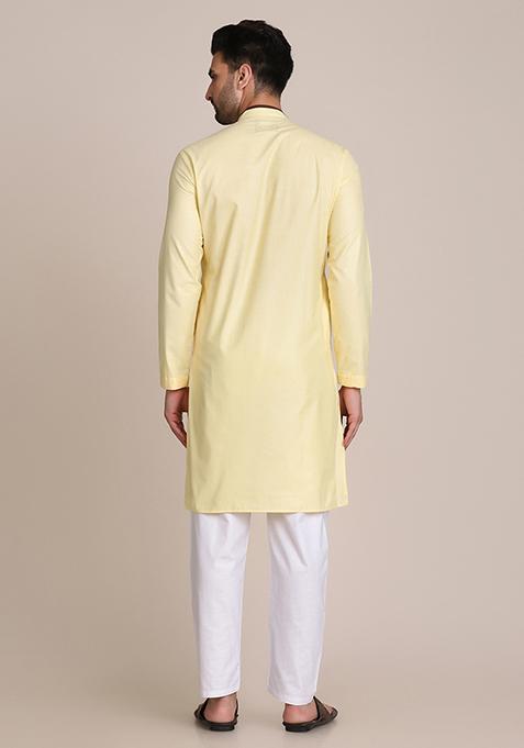 Lemon Yellow Solid Cotton Kurta Set For Men