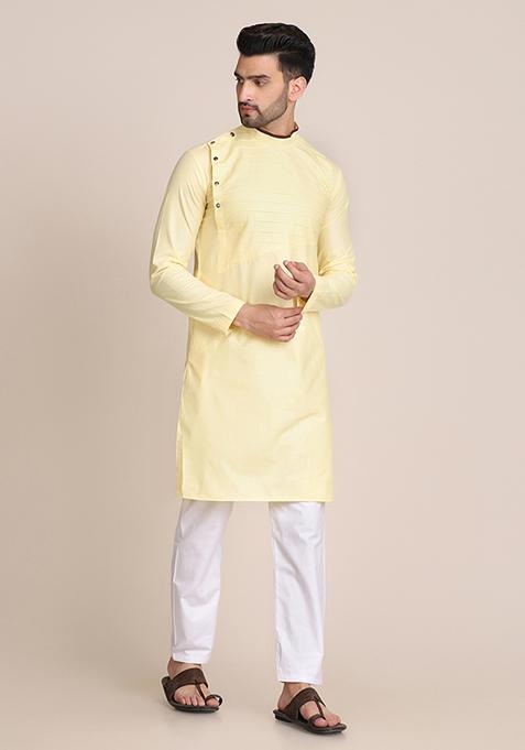 Lemon Yellow Solid Cotton Kurta Set For Men
