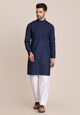 Blue Solid Cotton Kurta Set For Men