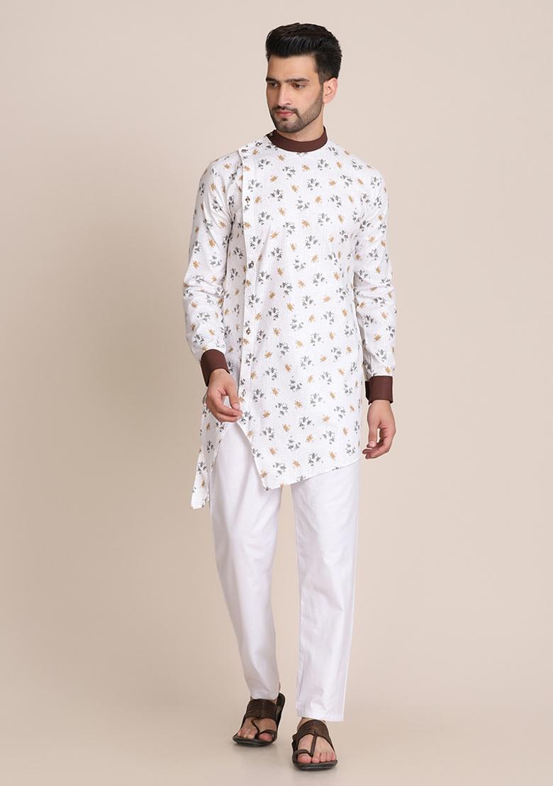 White printed Cotton Kurta Set For Men