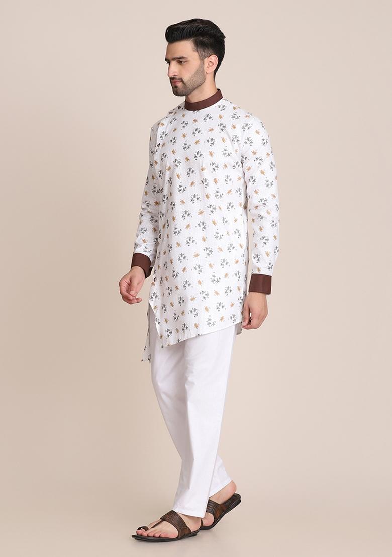 White printed Cotton Kurta Set For Men