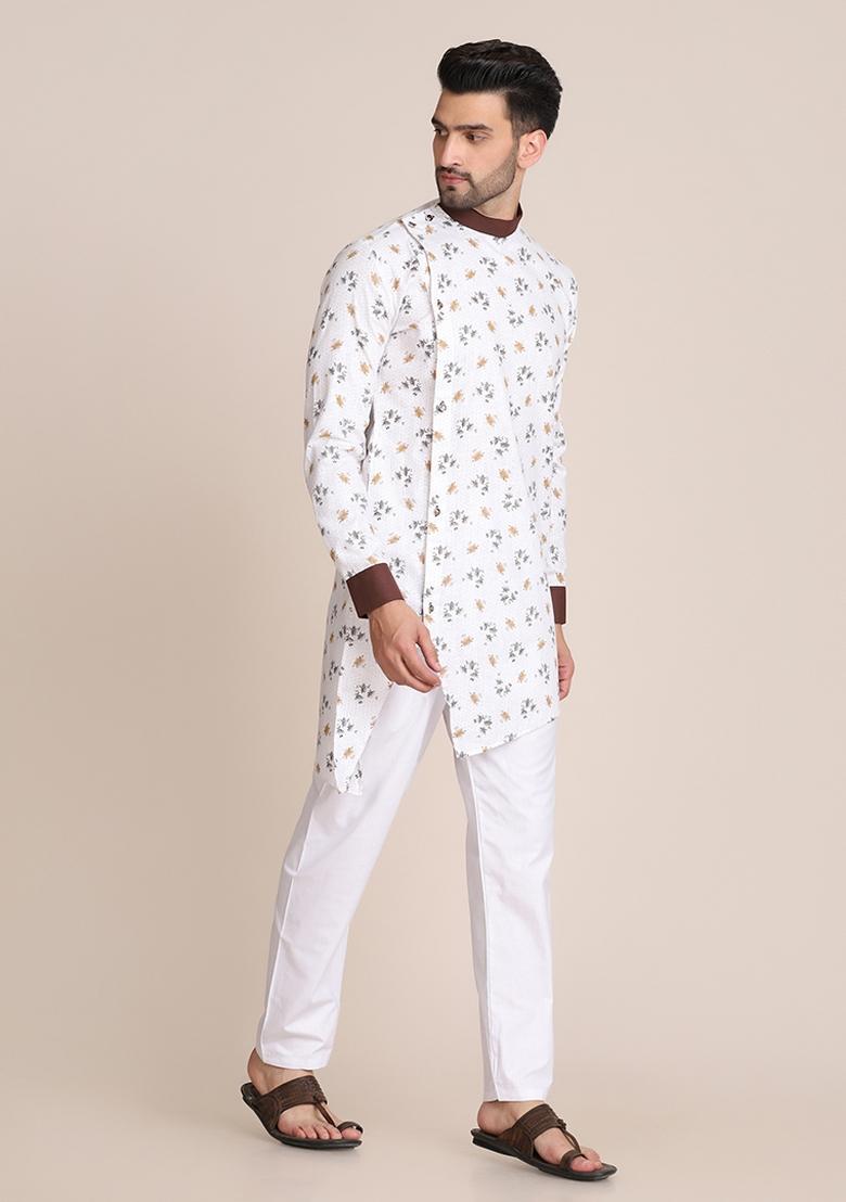 White printed Cotton Kurta Set For Men