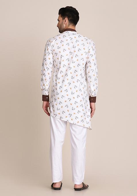 White printed Cotton Kurta Set For Men