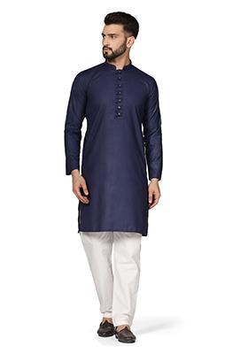 Navy Blue Solid Cotton Kurta Set For Men