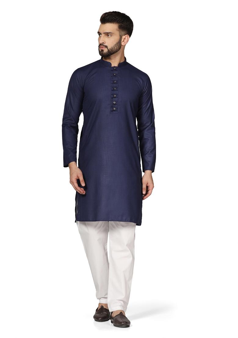 Navy Blue Solid Cotton Kurta Set For Men