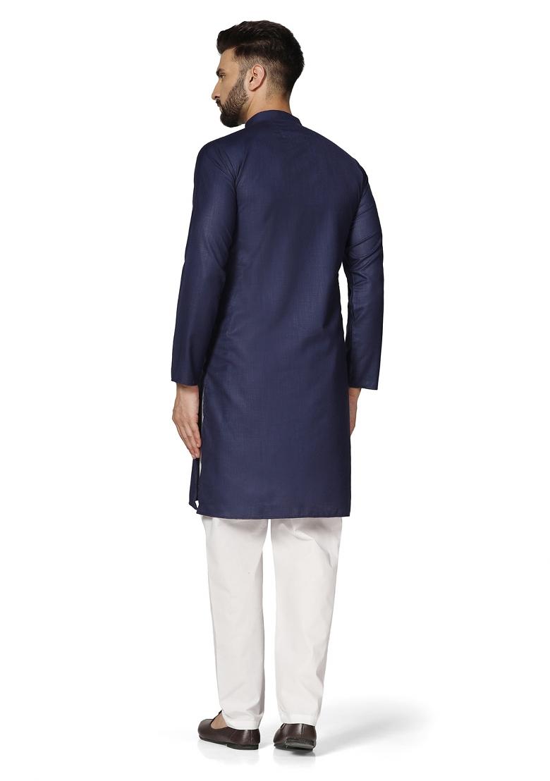 Navy Blue Solid Cotton Kurta Set For Men