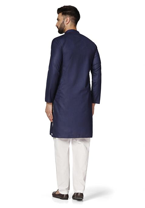 Navy Blue Solid Cotton Kurta Set For Men