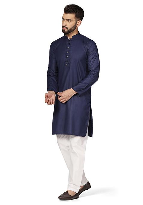 Navy Blue Solid Cotton Kurta Set For Men