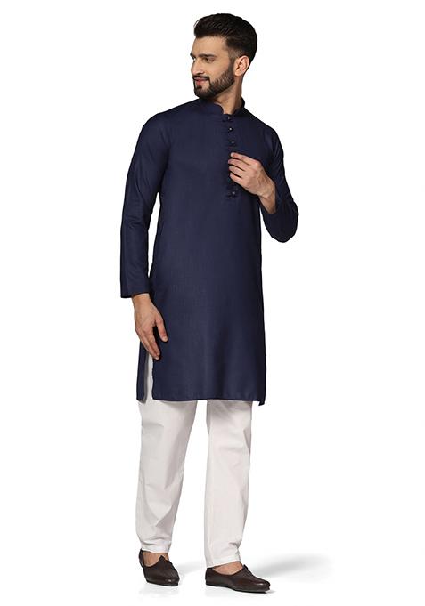 Navy Blue Solid Cotton Kurta Set For Men