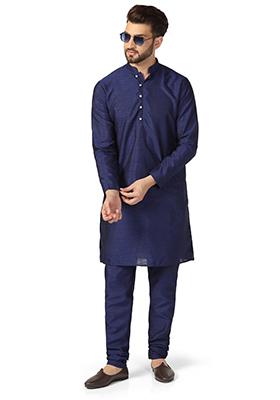 Navy Blue Solid Dupion Kurta Set For Men