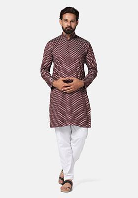 Maroon Solid Cotton Kurta Set For Men