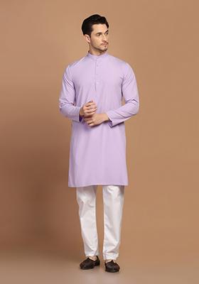 Purple Solid Cotton Blend Kurta Set For Men