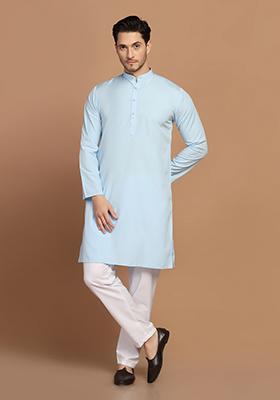 Light Blue Solid Cotton Blend Kurta Set For Men