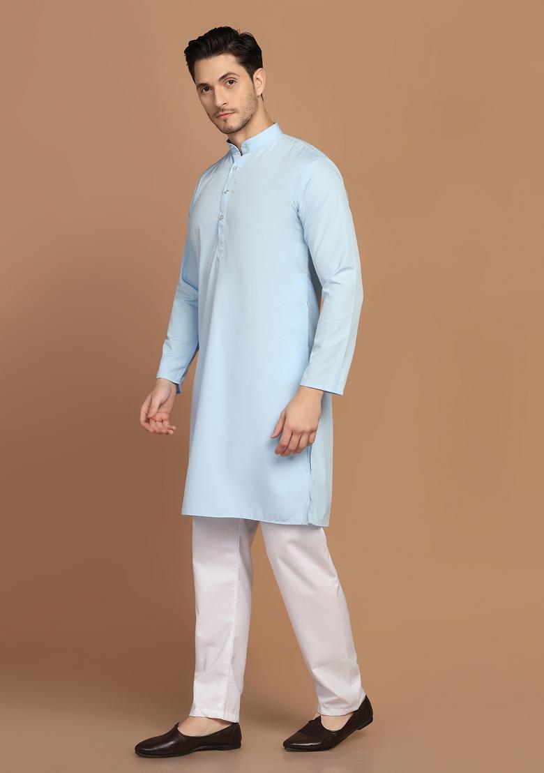 Light Blue Solid Cotton Blend Kurta Set For Men