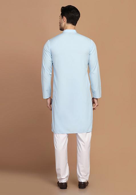 Light Blue Solid Cotton Blend Kurta Set For Men