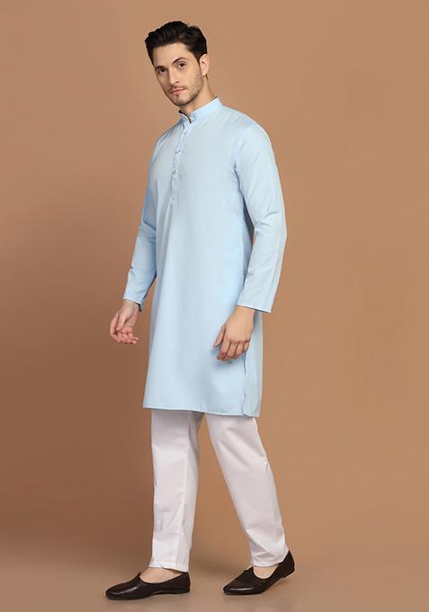 Light Blue Solid Cotton Blend Kurta Set For Men