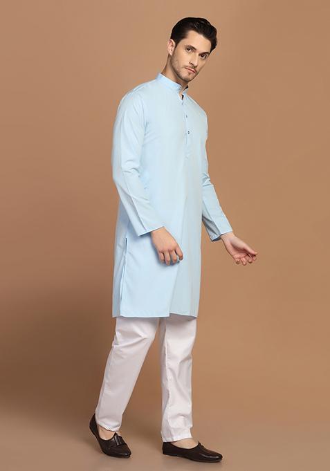 Light Blue Solid Cotton Blend Kurta Set For Men
